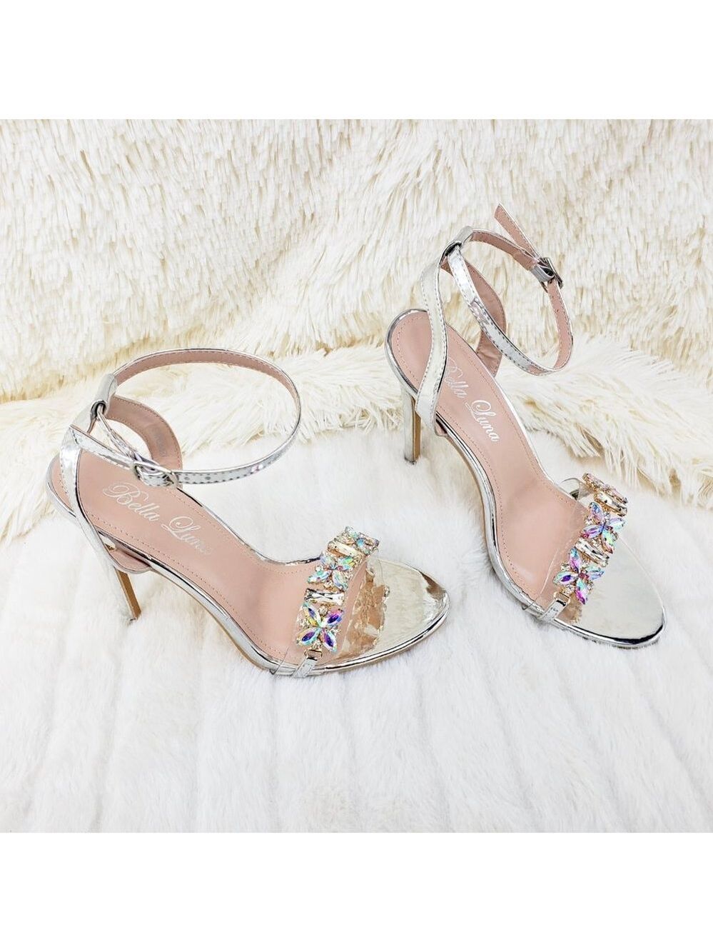 Jeweled Toe Strap High Heel Sandal Shoes Silver - Picture 9 of 10
